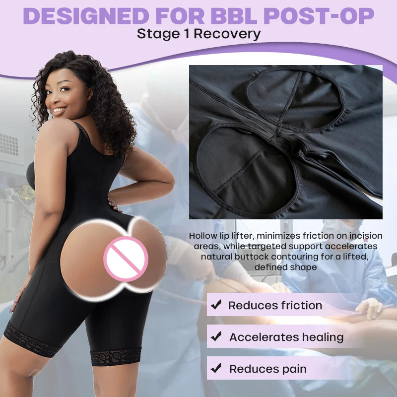Faja Shapewear Bodysuit for Women Firm Tummy Control Open Crotch Hollow Butt Design Post-BBL Surgery Stage 1 Body Shaper
