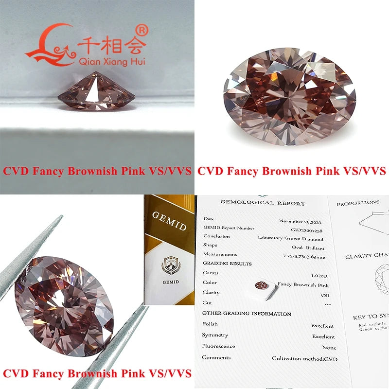 Lab Grown Diamond Loose Stone 1ct-1.13ct Oval Fancy Brownish Pink CVD Diamond VS1 Clarity Certified GEMID