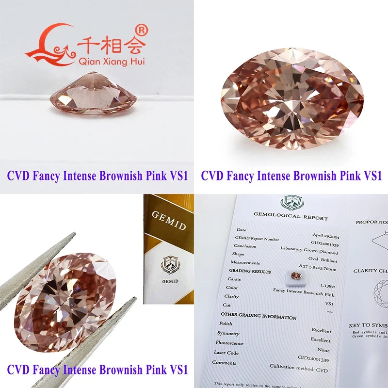 Lab Grown Diamond Loose Stone 1ct-1.13ct Oval Fancy Brownish Pink CVD Diamond VS1 Clarity Certified GEMID