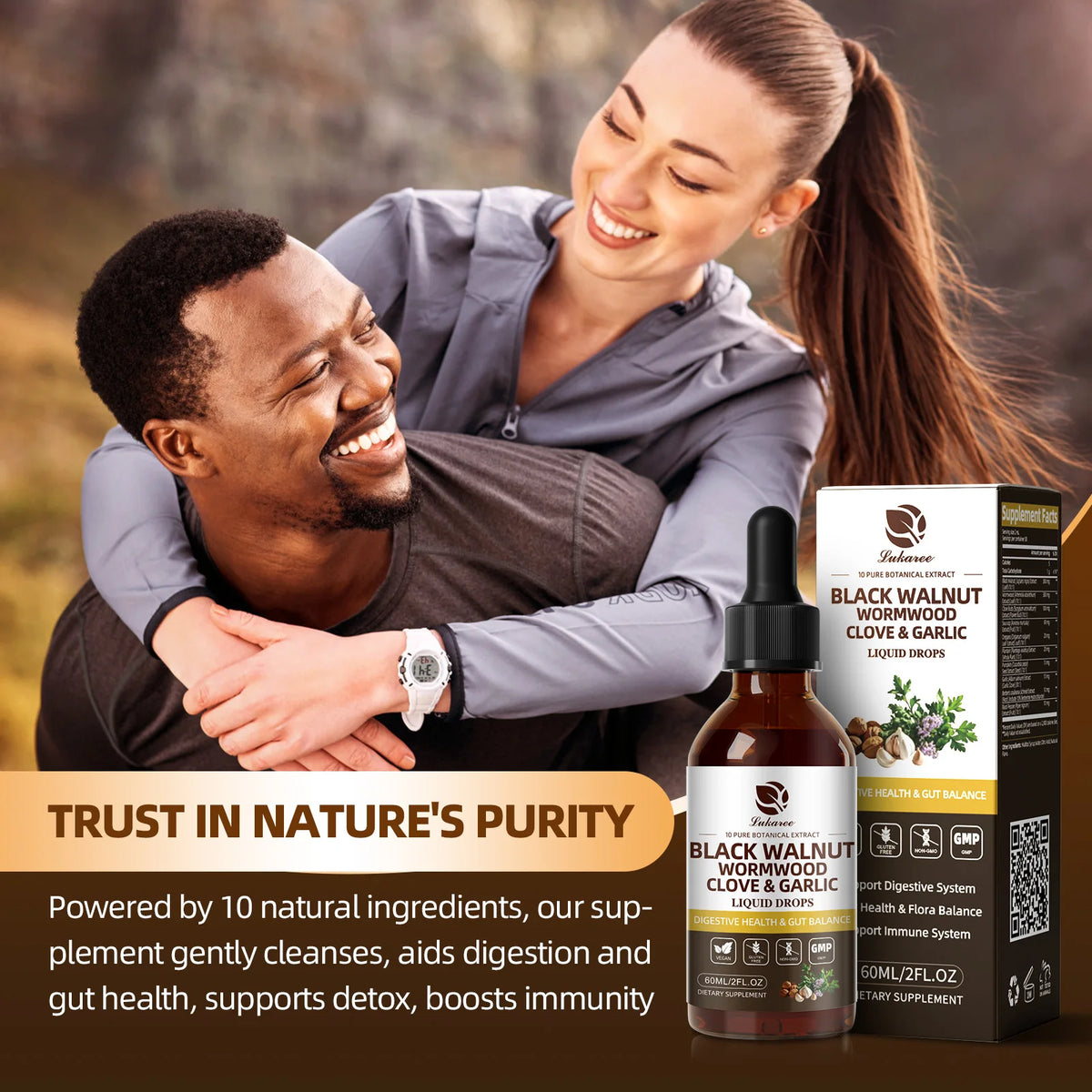 Lukaree 60ML Black Walnut Drop with Wormwood Clove & Garlic Support Digestion and Immune Health, Detoxify the Body Antioxidant