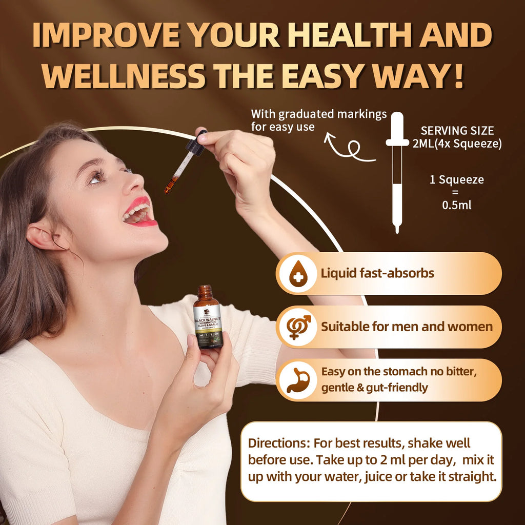 Lukaree 60ML Black Walnut Drop with Wormwood Clove & Garlic Support Digestion and Immune Health, Detoxify the Body Antioxidant